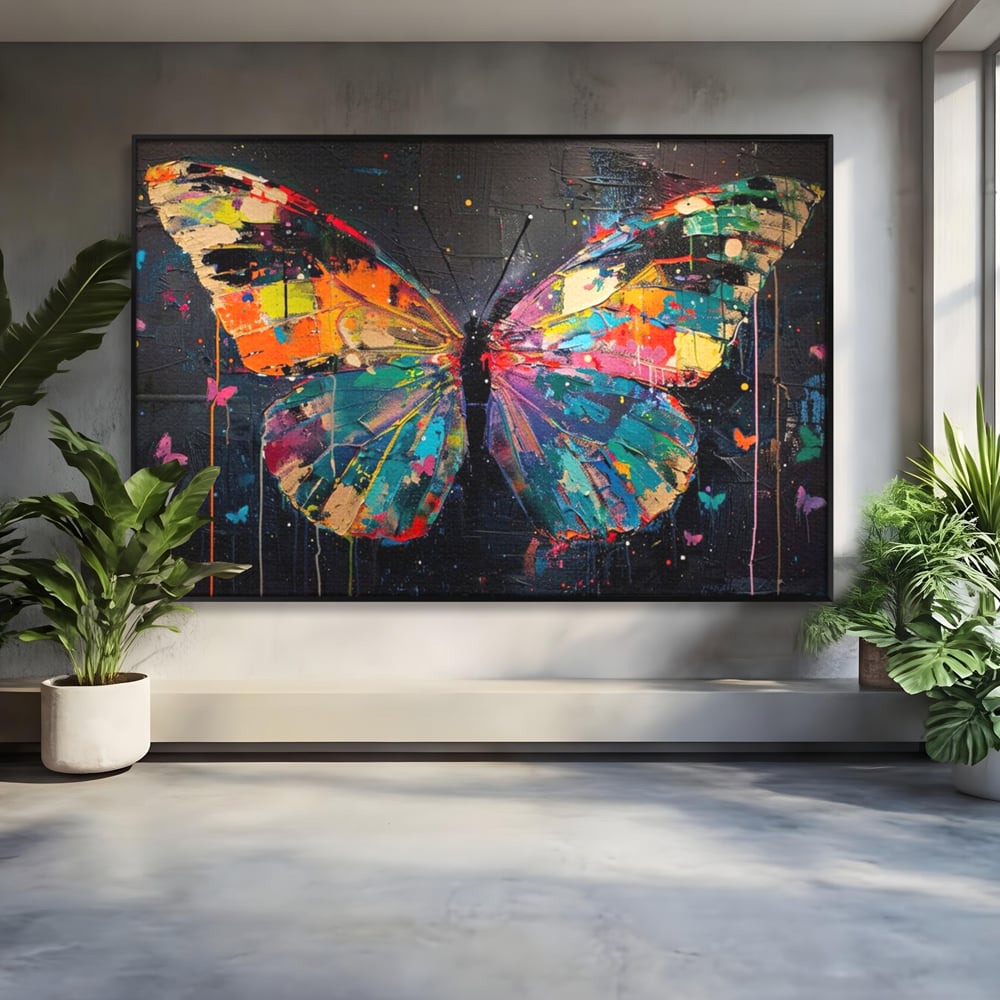 Tablou canvas cu tablou canvas cu fluture multicolor, in rama de aluminiu negru